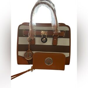Dasein Brown/White Striped Satchel + Matching Zip Wallet Set Gold Hardware